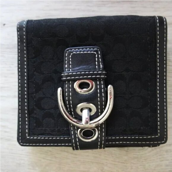 Coach Signature Canvas with Leather Trim & Buckle Compact Black Wallet - Picture 1 of 4